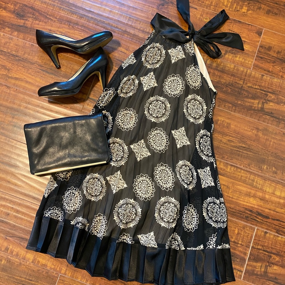 Black pleated dress with mehndi-like print